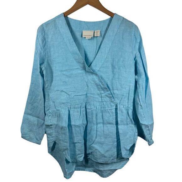 Cynthia Rowley Top Women XS Blue 100% Linen Beach Coastal Spring V Neck Blouse - Picture 1 of 5